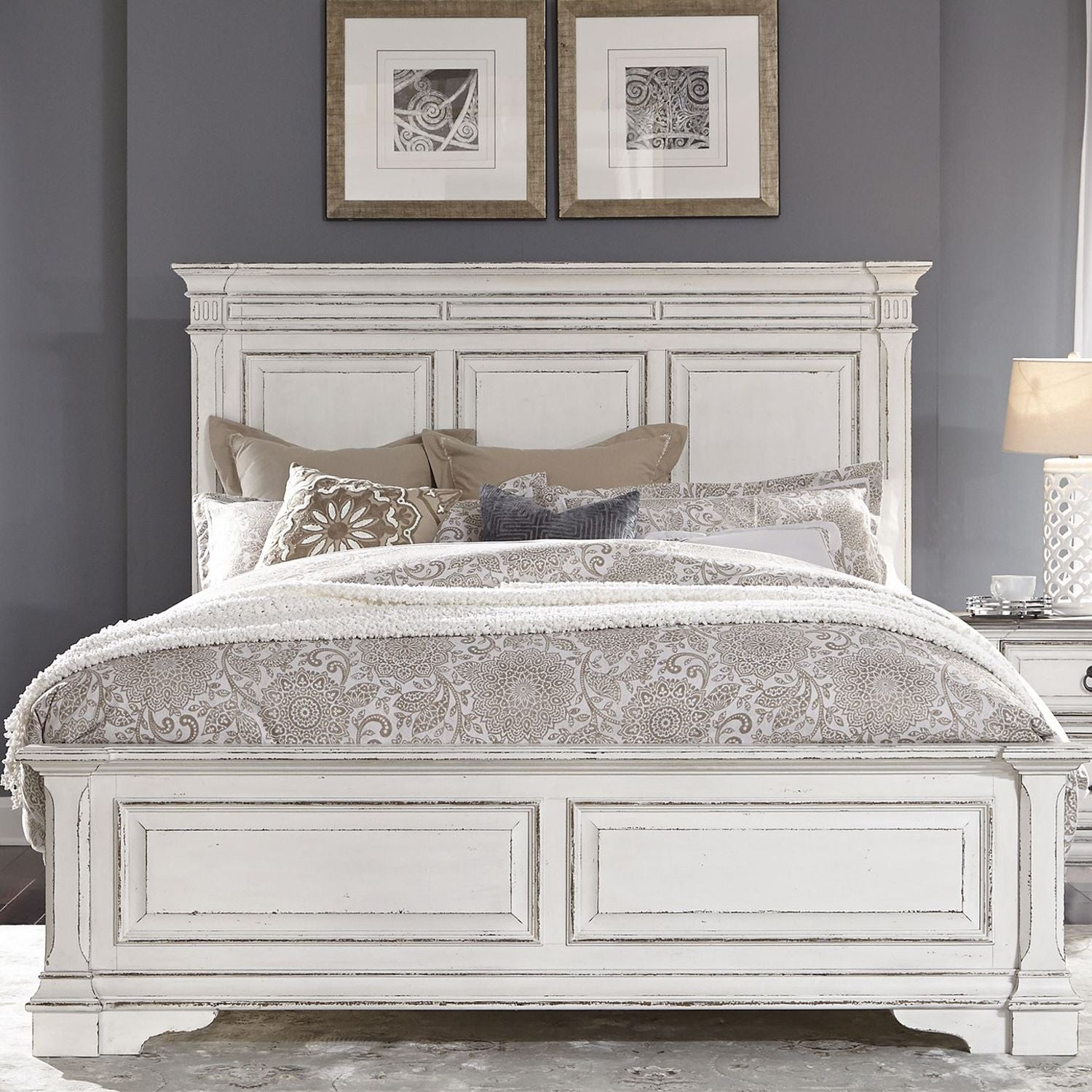 Liberty Furniture Abbey Park Upholstered Sleigh Bed in Antique White & Weathered Brown