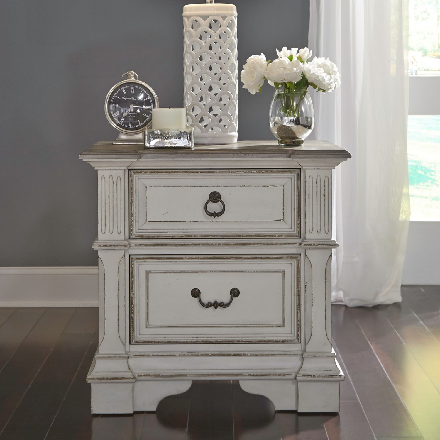 Liberty Furniture Abbey Park 2 Nightstand w/ Charging Station in Antique White & Weathered Brown