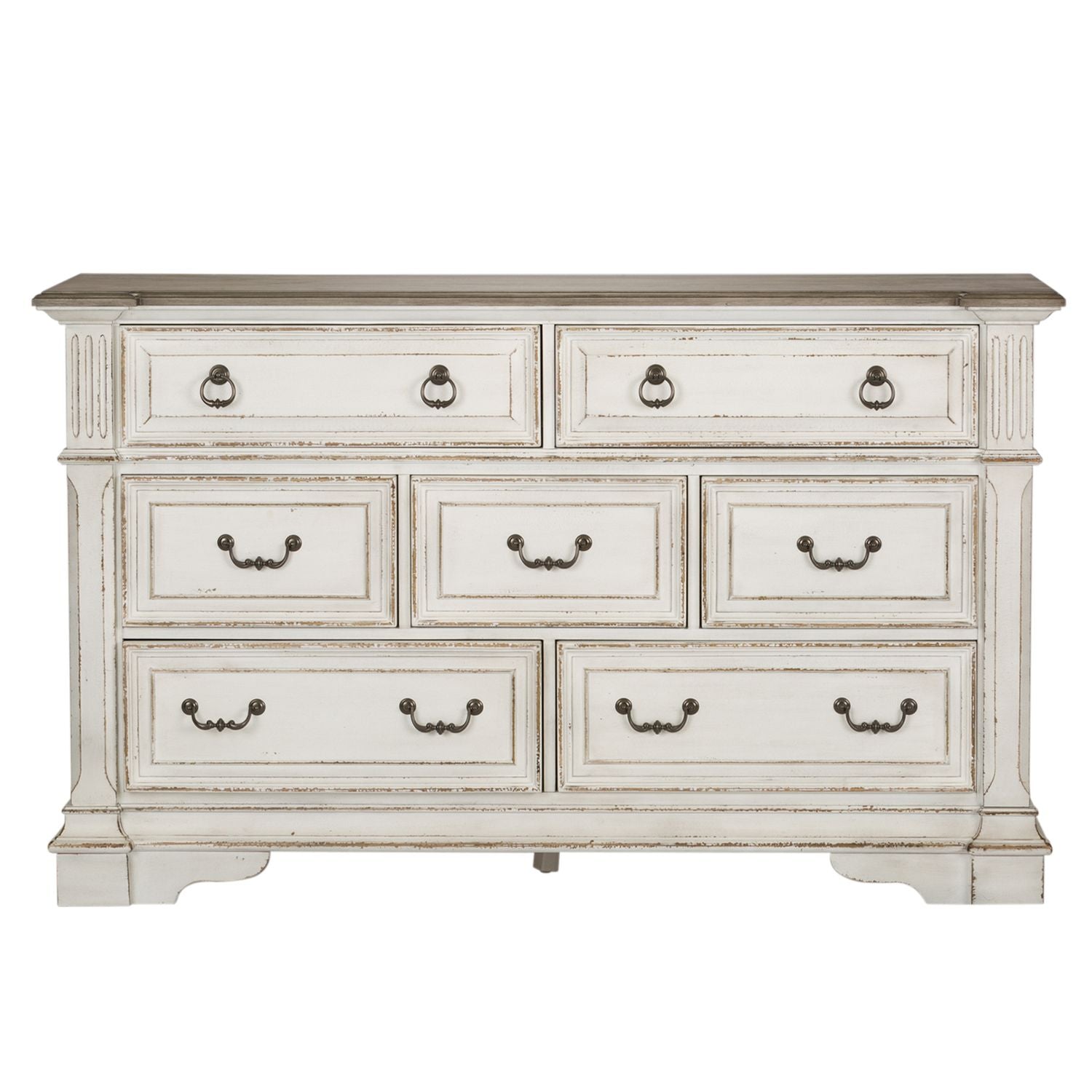 Liberty Furniture Abbey Park 7 Drawer Dresser in Antique White & Weathered Brown