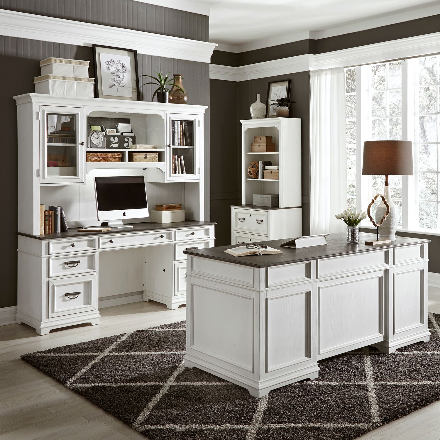 Liberty Furniture Allyson Park Credenza & Hutch in Wirebrushed White w/ Charcoal Tops