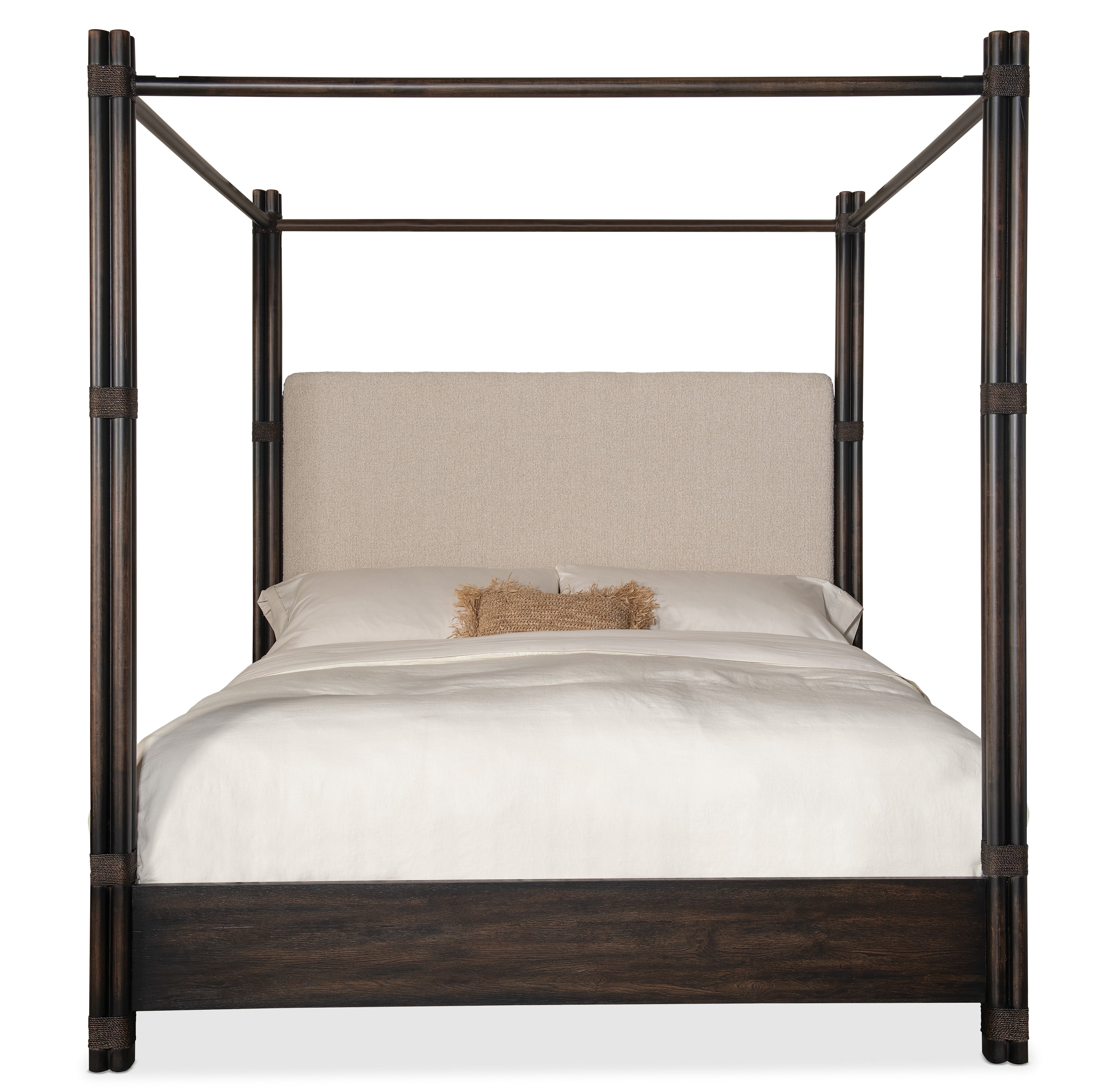 Hooker Furniture Retreat Pole Rattan Upholstered Poster Bed with Canopy in Black Sand