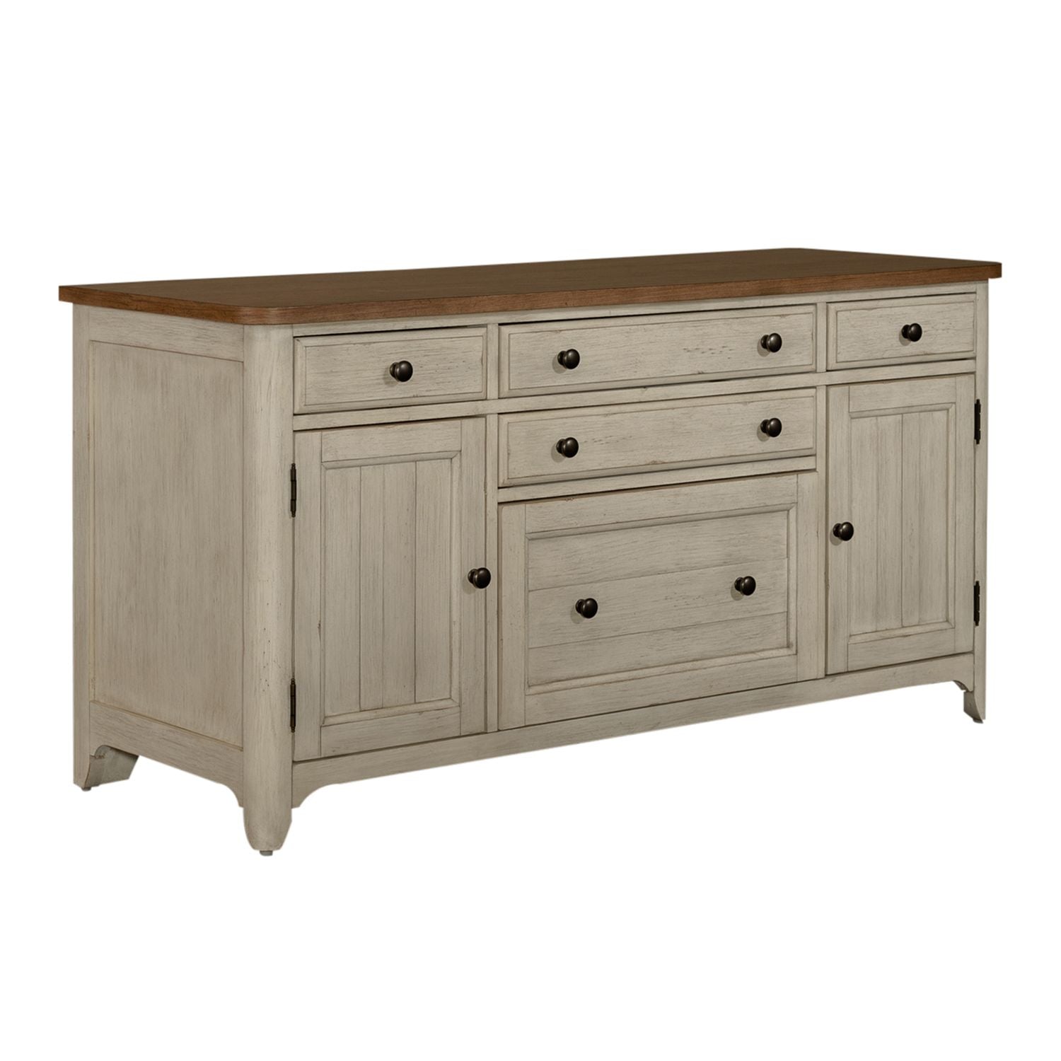 Liberty Furniture Farmhouse Reimagined Door Credenza in Antique White w/ Chestnut Tops