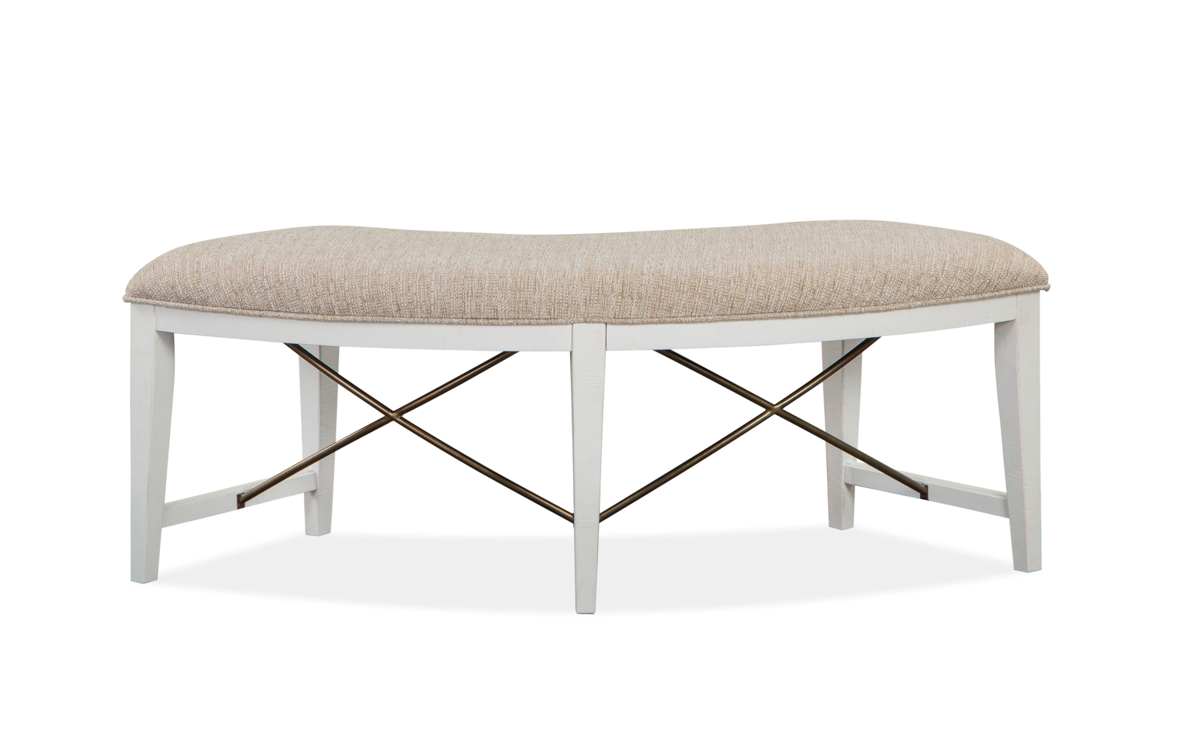Heron Cove Curved Bench w/Upholstered Seat in Chalk White and Dovetail Grey