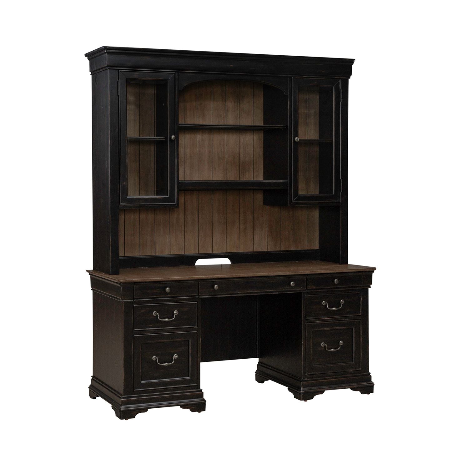Liberty Furniture Meritage Credenza & Hutch in Aged Charcoal w/ Rub Thru & Caramel