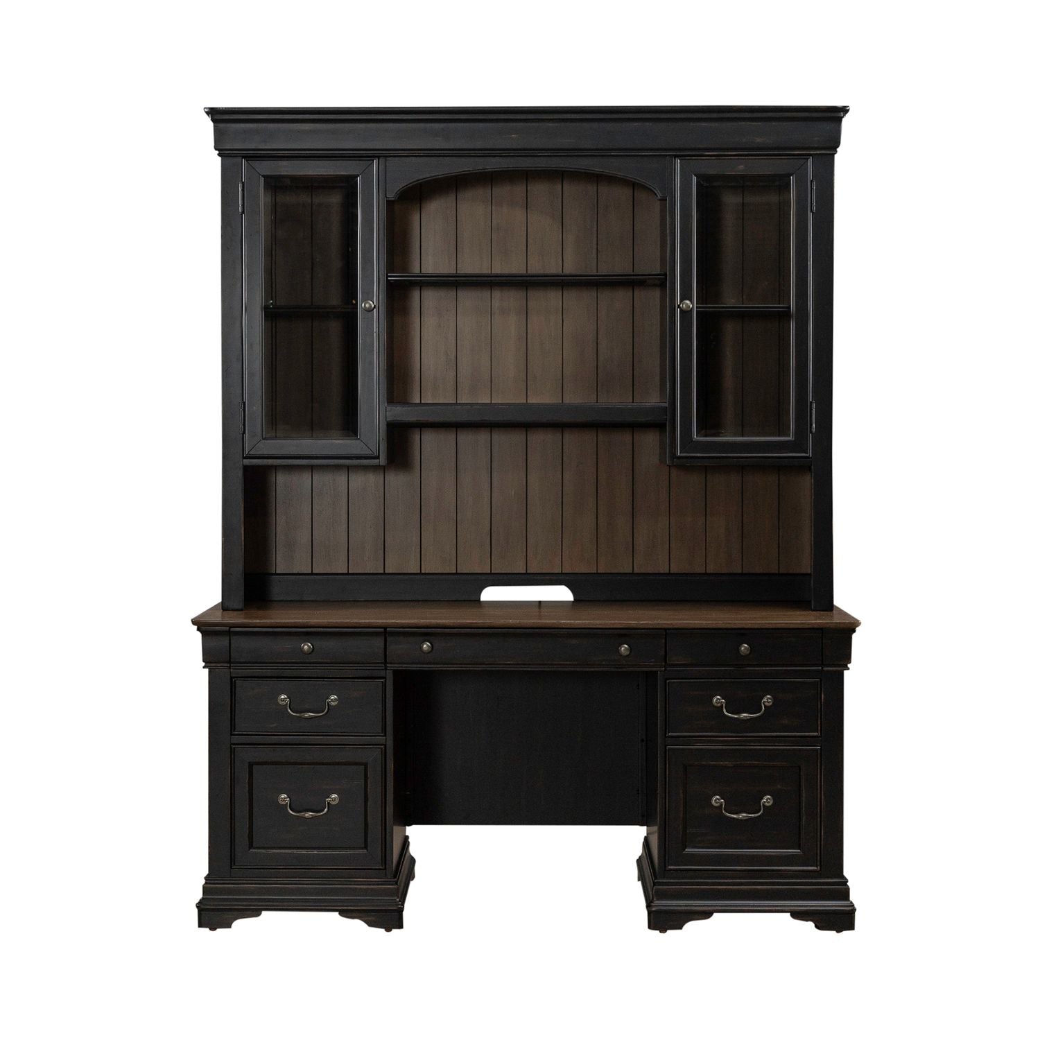 Liberty Furniture Meritage Credenza & Hutch in Aged Charcoal w/ Rub Thru & Caramel
