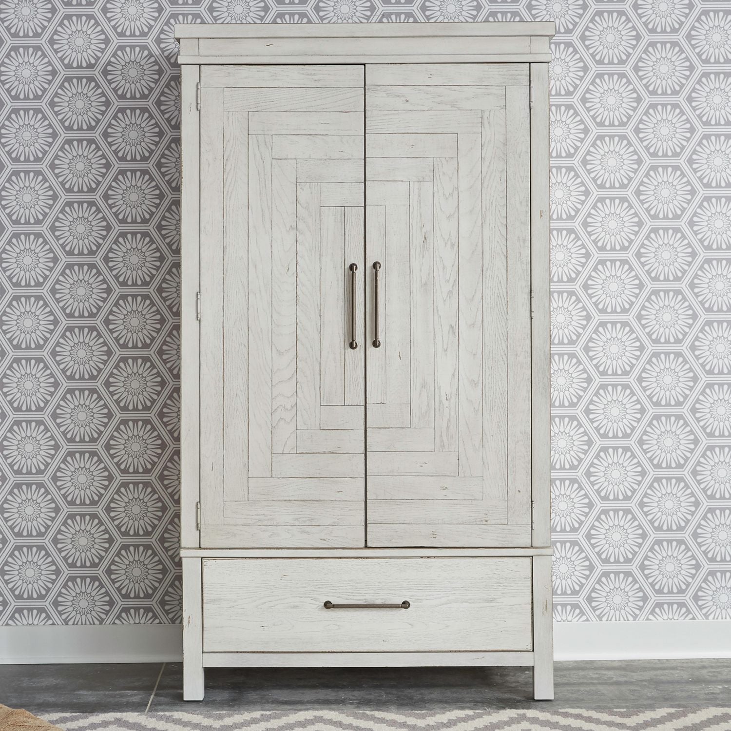 Liberty Furniture Modern Farmhouse Armoire in Flea Market White w/ Heavy Distressing