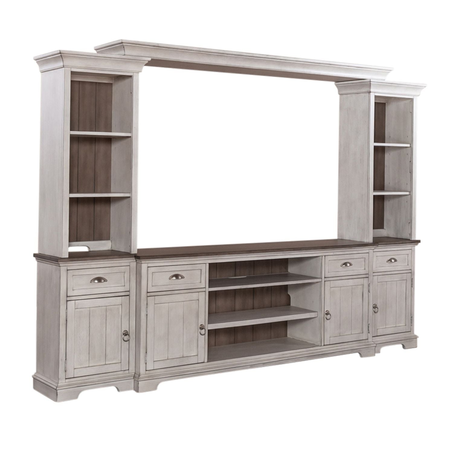 Liberty Furniture Ocean Isle Entertainment Center with Piers in Antique White w/ Weathered Pine