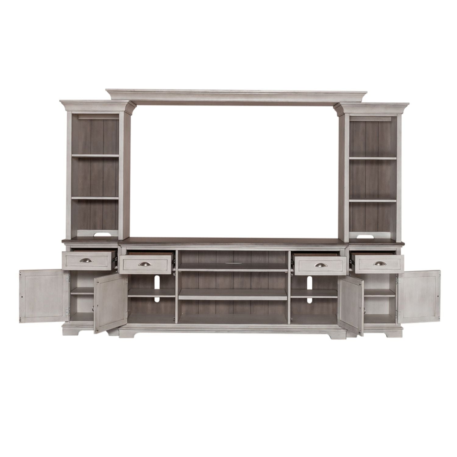 Liberty Furniture Ocean Isle Entertainment Center with Piers in Antique White w/ Weathered Pine