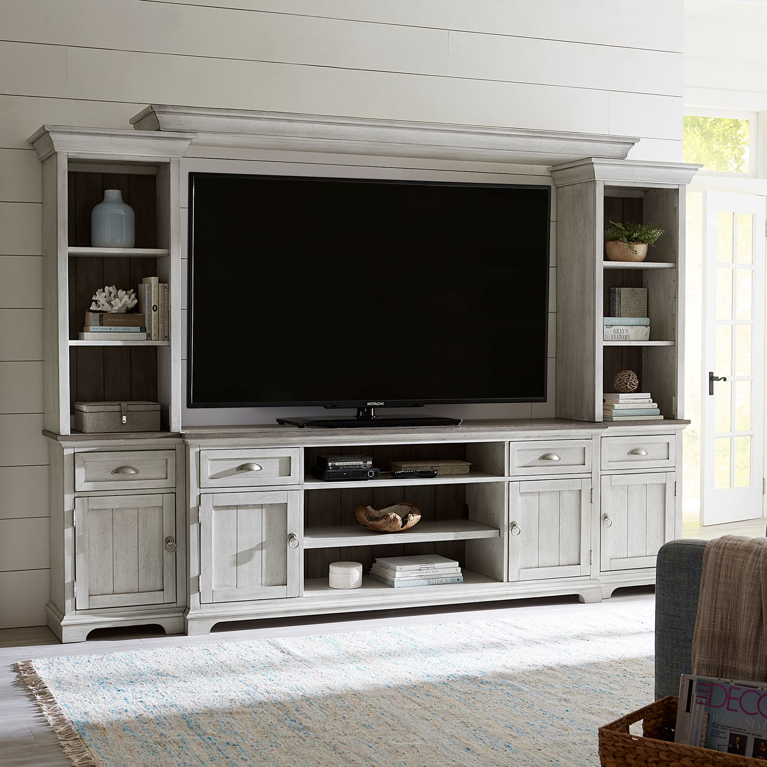 Liberty Furniture Ocean Isle Entertainment Center with Piers in Antique White w/ Weathered Pine