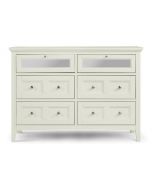 Kentwood Creamy White Media Chest with two wood frame Glass drop down fronts and four drawer.